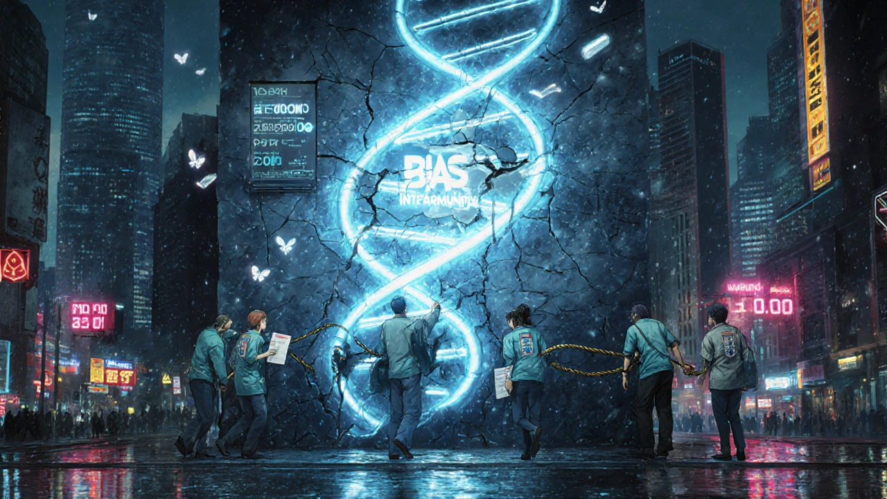 A glowing AI core with blocked data streams, community workers climbing a wall of bias with interpreter badges.