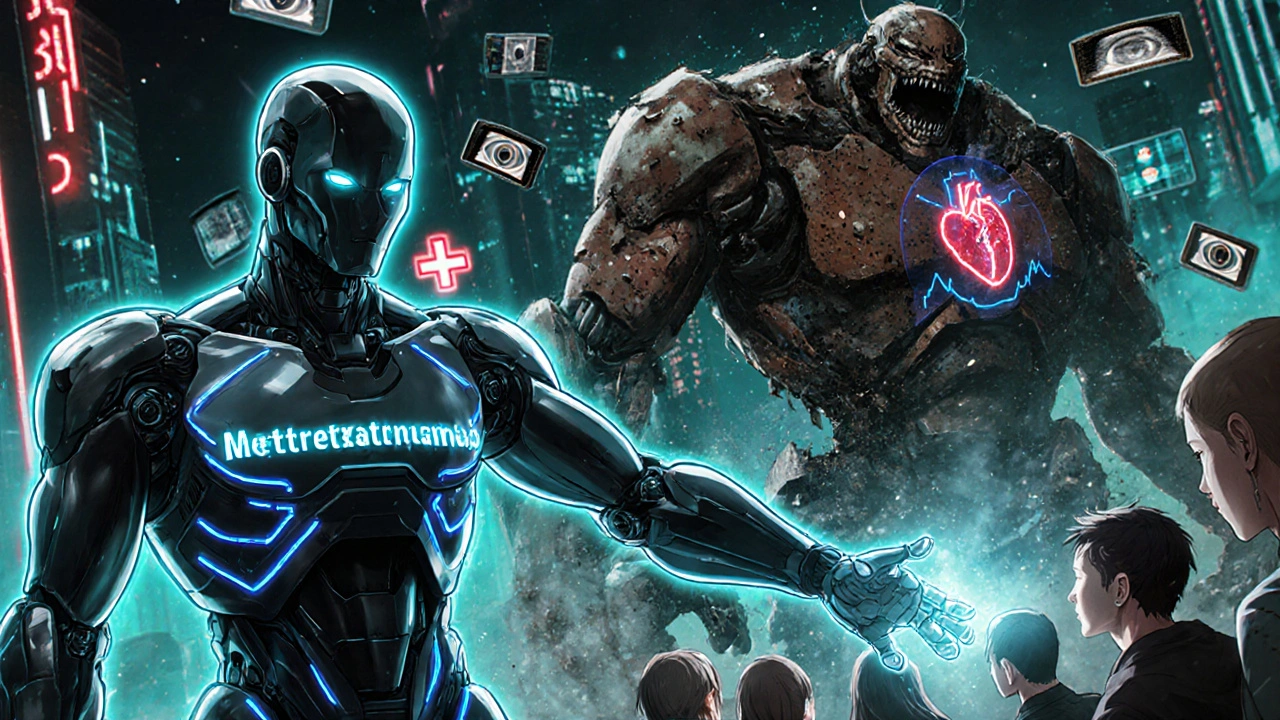 A glowing medical robot protects patients as a crumbling chloroquine robot disintegrates behind it.