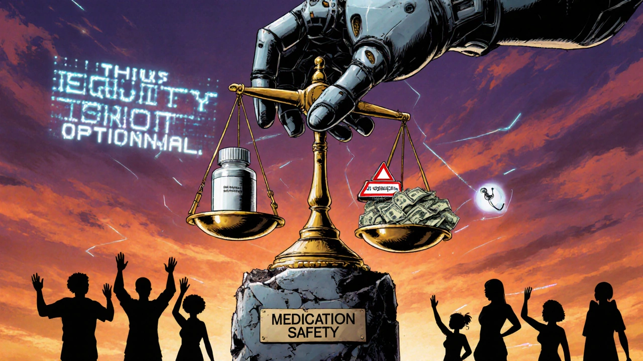 A mechanical hand placing a scale balancing medicine against cash and language barriers under a holographic banner.