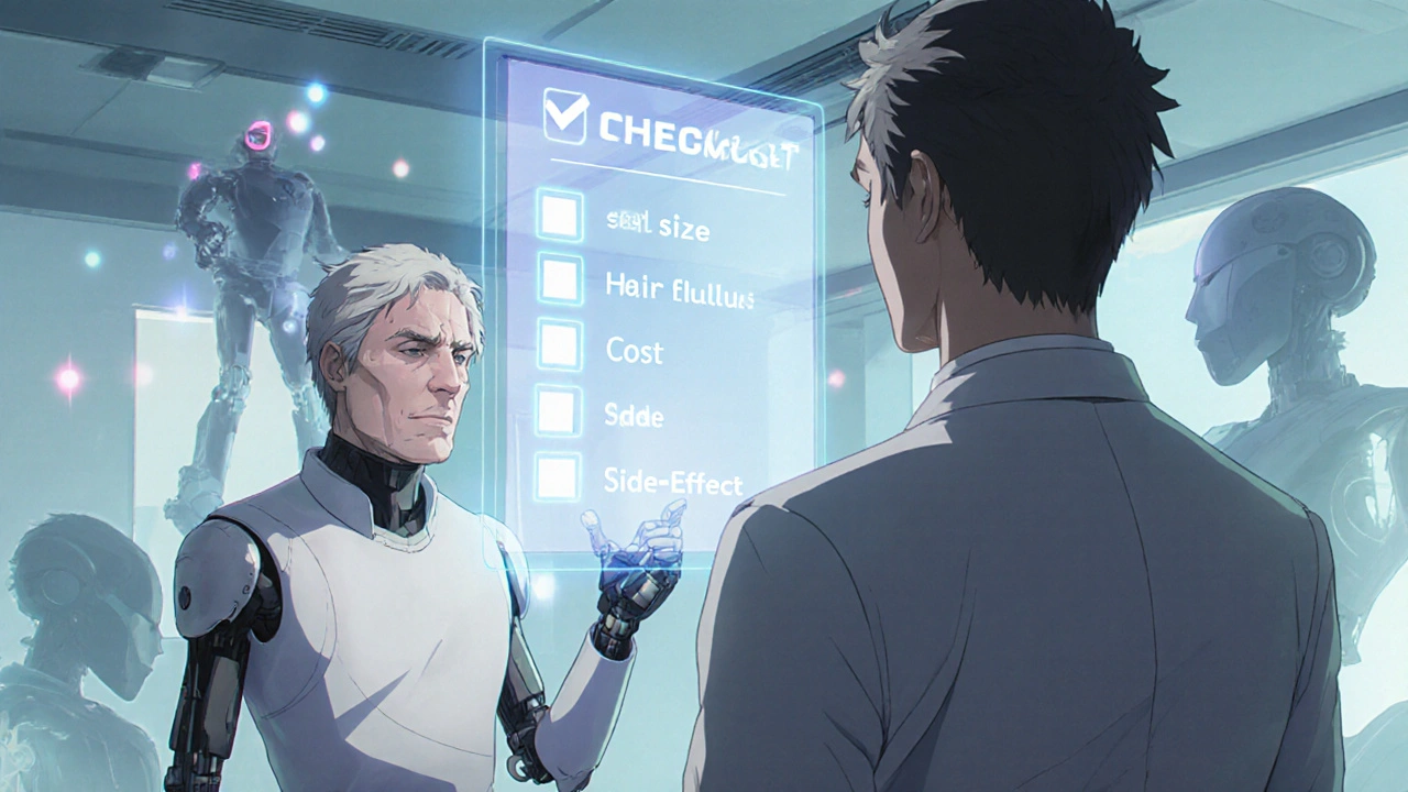 A patient and a doctor‑robot review a holographic checklist to choose the best medication option.