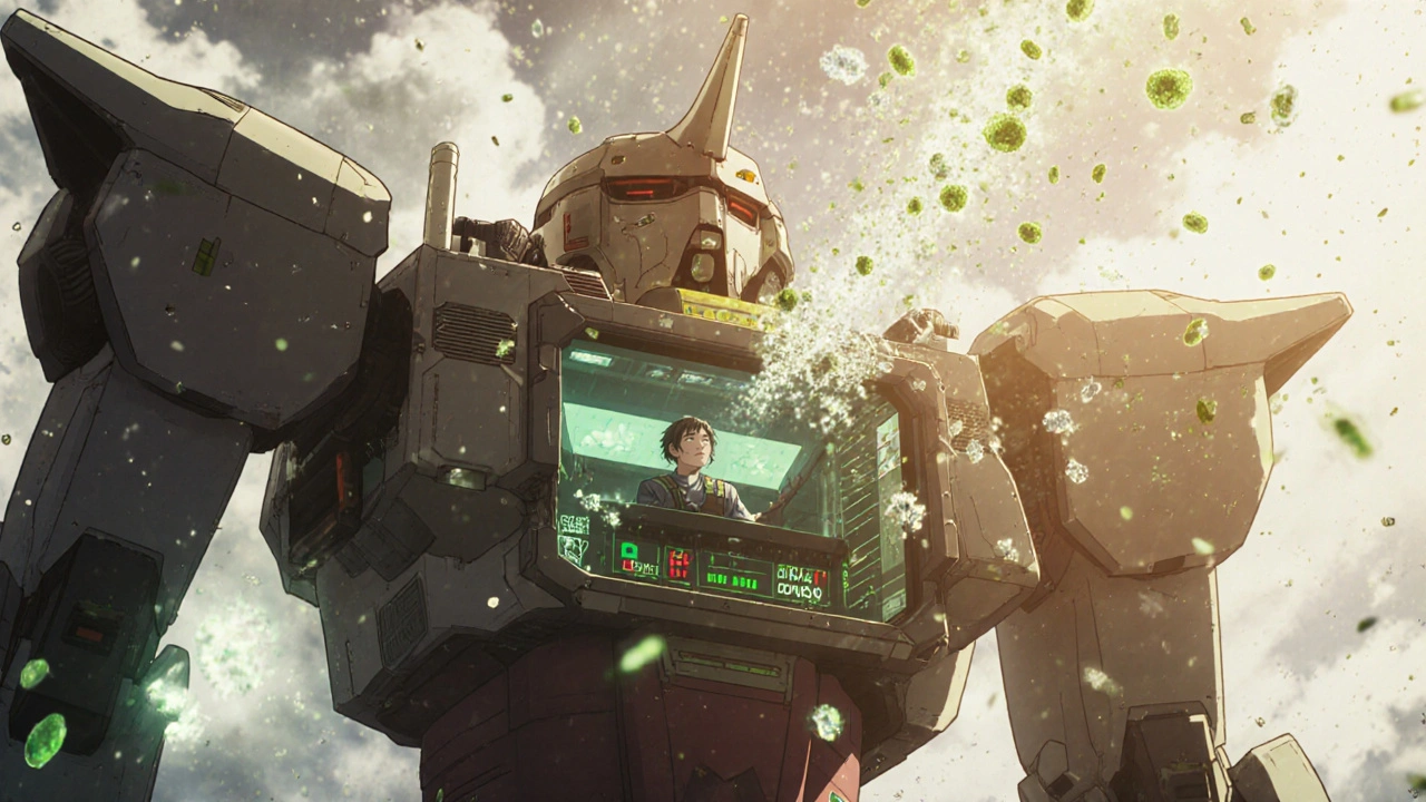 A pilot inside a HEPA air purifier robot filters pollen storms, with symptom levels dropping on a glowing HUD.