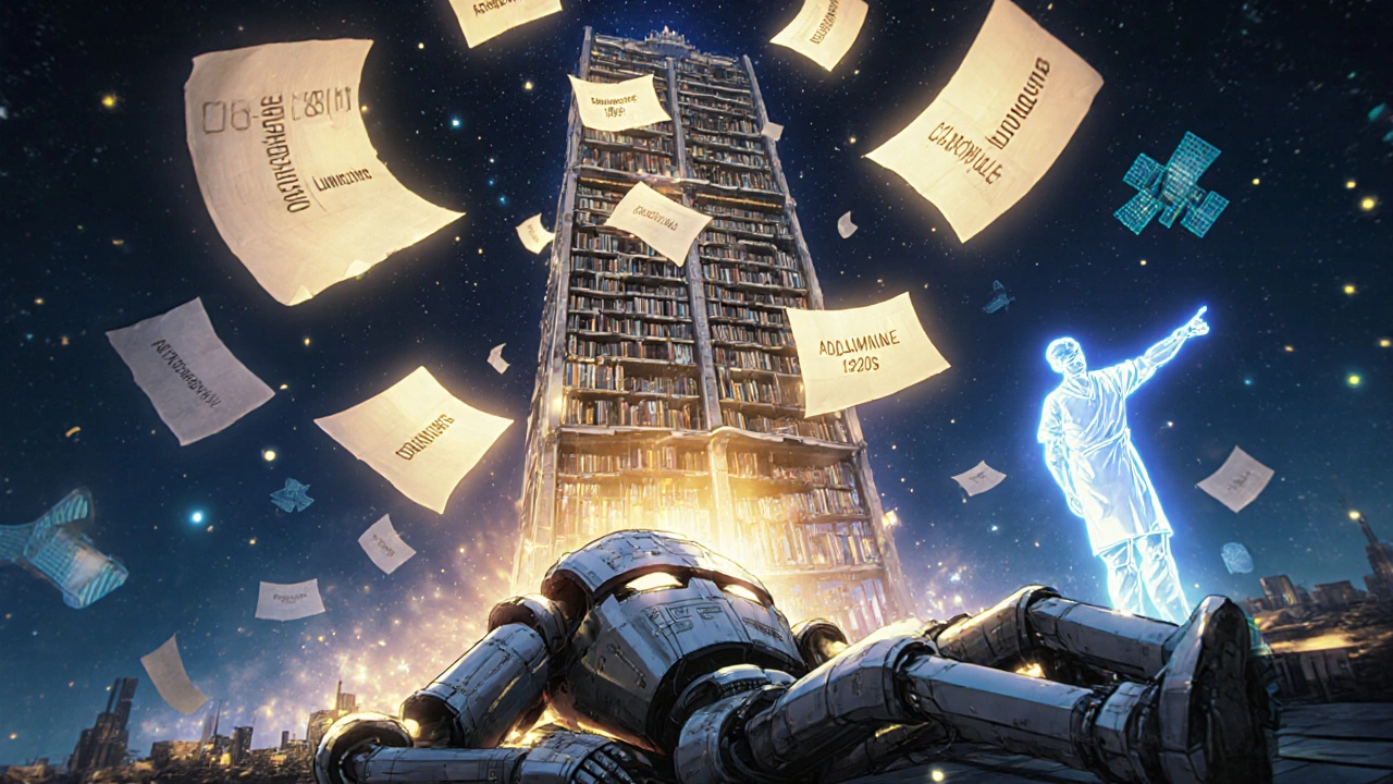 A towering library of modern drugs shines above a broken chloroquine robot under a starry resistance map.