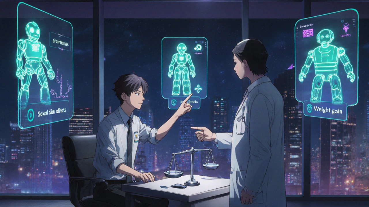 A young adult and doctor discuss medication options, with holographic robot images floating between them in a futuristic clinic.