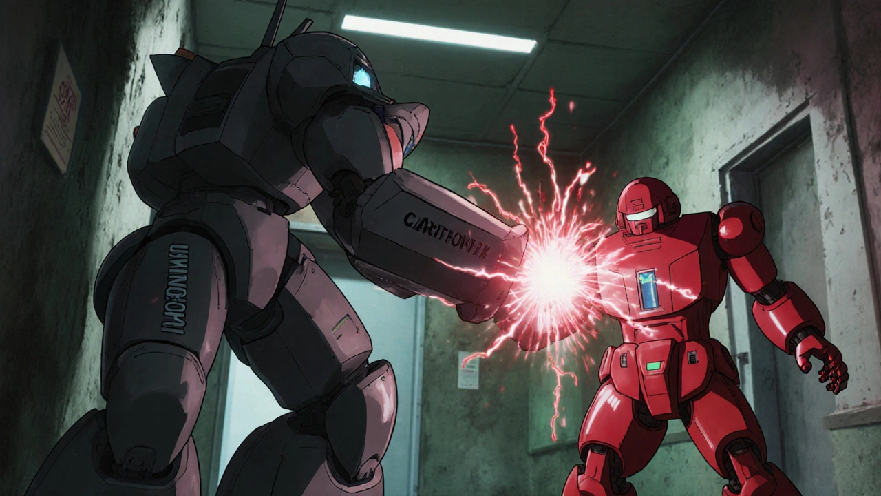 Boosted protease inhibitor robot battles clarithromycin robot with sparks of danger.