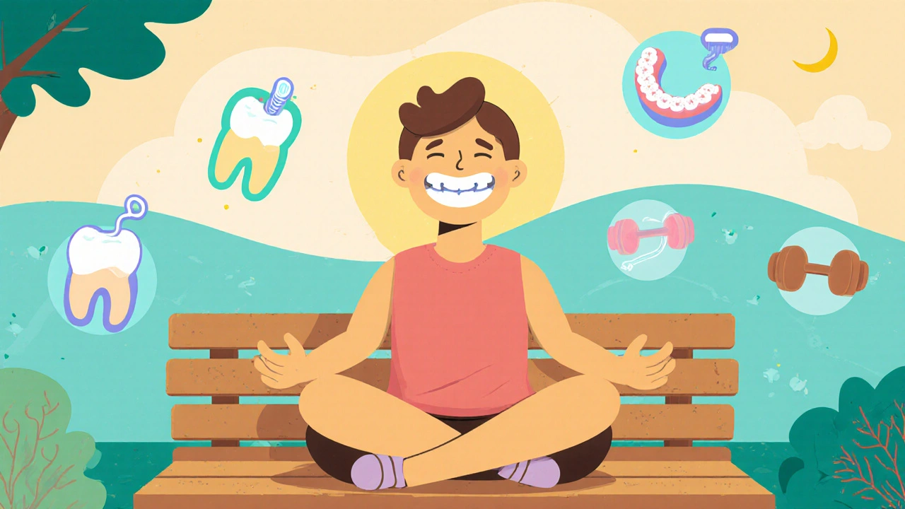 Cartoon character practicing relaxation, using night guard and toothbrush, smiling teeth.