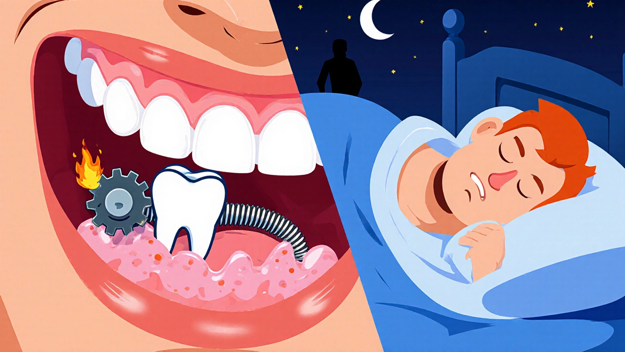 Close-up of cartoon jaw muscles tightening, teeth grinding, inflamed gums.