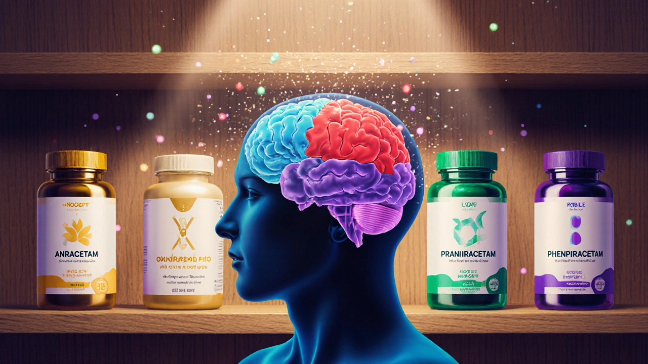Colorful lineup of nootropic bottles beside a brain split into sections matching each supplement.