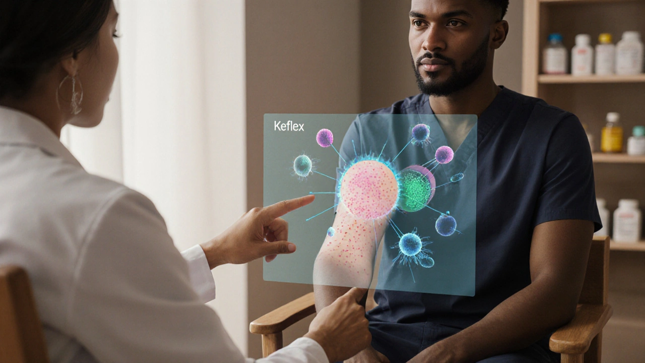 Doctor discussing a skin infection with a holographic display and Keflex.