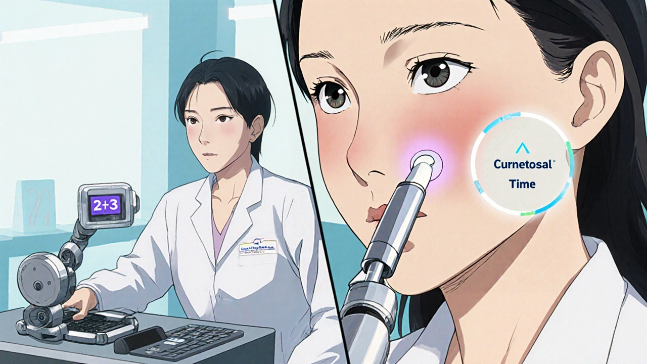 Doctor guiding a robot arm to apply a thin layer of Clobetasol cream to an inflamed patch.