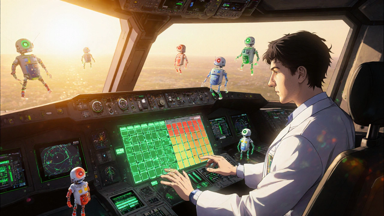 Doctor in command center monitors holographic drug interaction grid with robot icons.