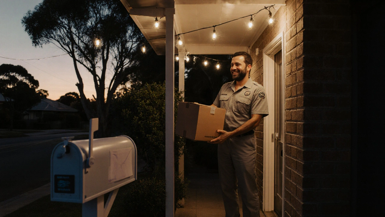 Evening scene of a person receiving a medication package at an Australian home.
