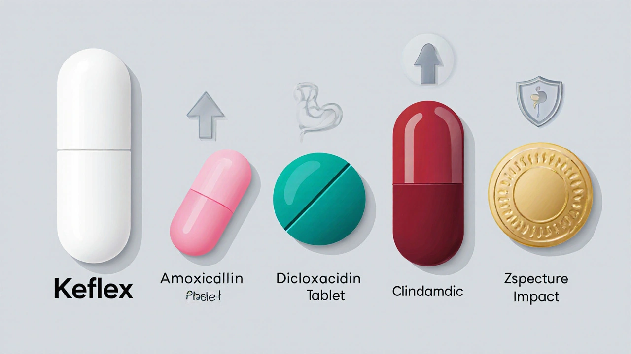 Five antibiotic pill icons with visual cues for cost and side effects.