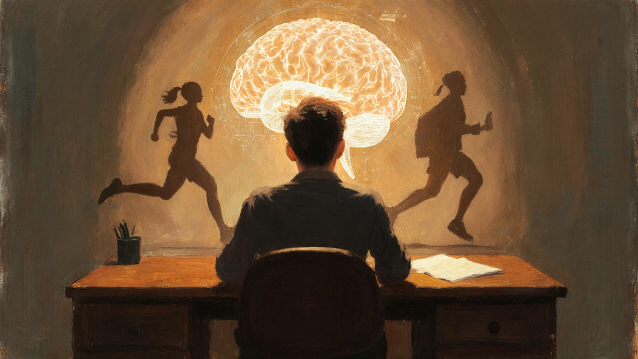 Focused person at a desk with illuminated brain and faint runner and student silhouettes in the background.