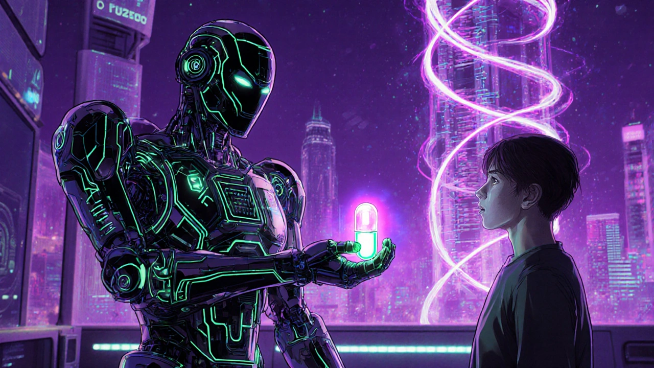 Futuristic lab where an AI robot selects ampicillin for a patient after genomic analysis.