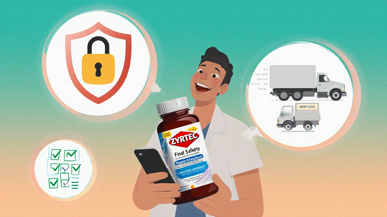 Happy user holding Zyrtec bottle, surrounded by safety icons.