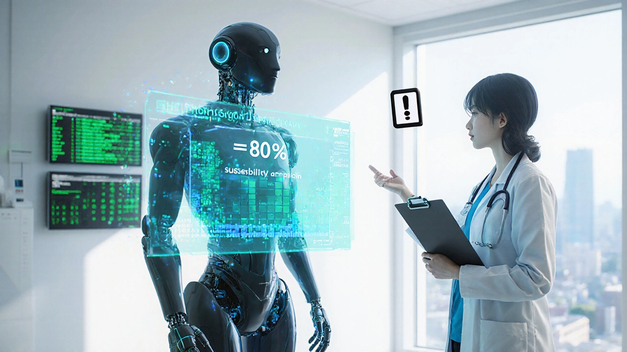 Hospital scene where a robot reviews antibiogram data and EHR alerts with a pharmacist.