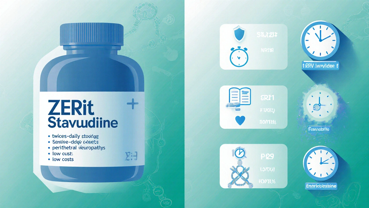 Illustration comparing Zerit side by side with newer HIV drugs, showing dosing and side effects.