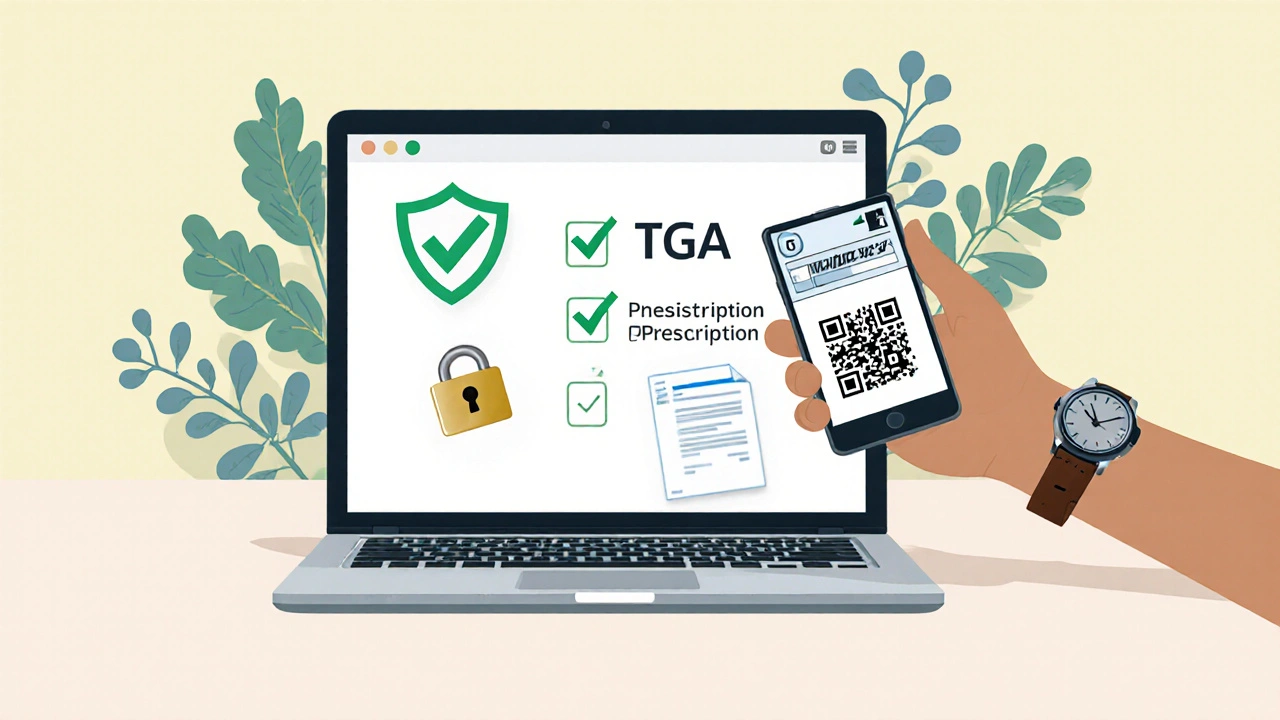 Illustration of a laptop with safety icons, a prescription thumbnail, and a padlock.