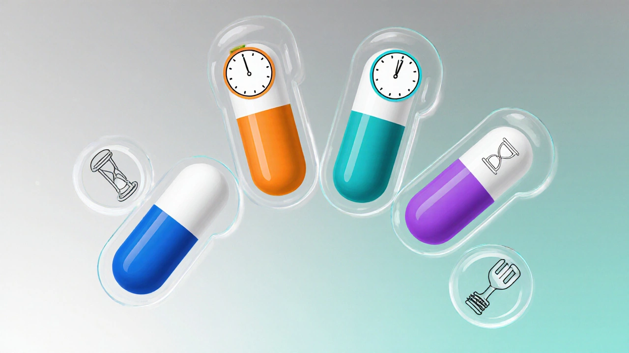 Illustration of four colored pills with icons for speed, duration, and food impact.