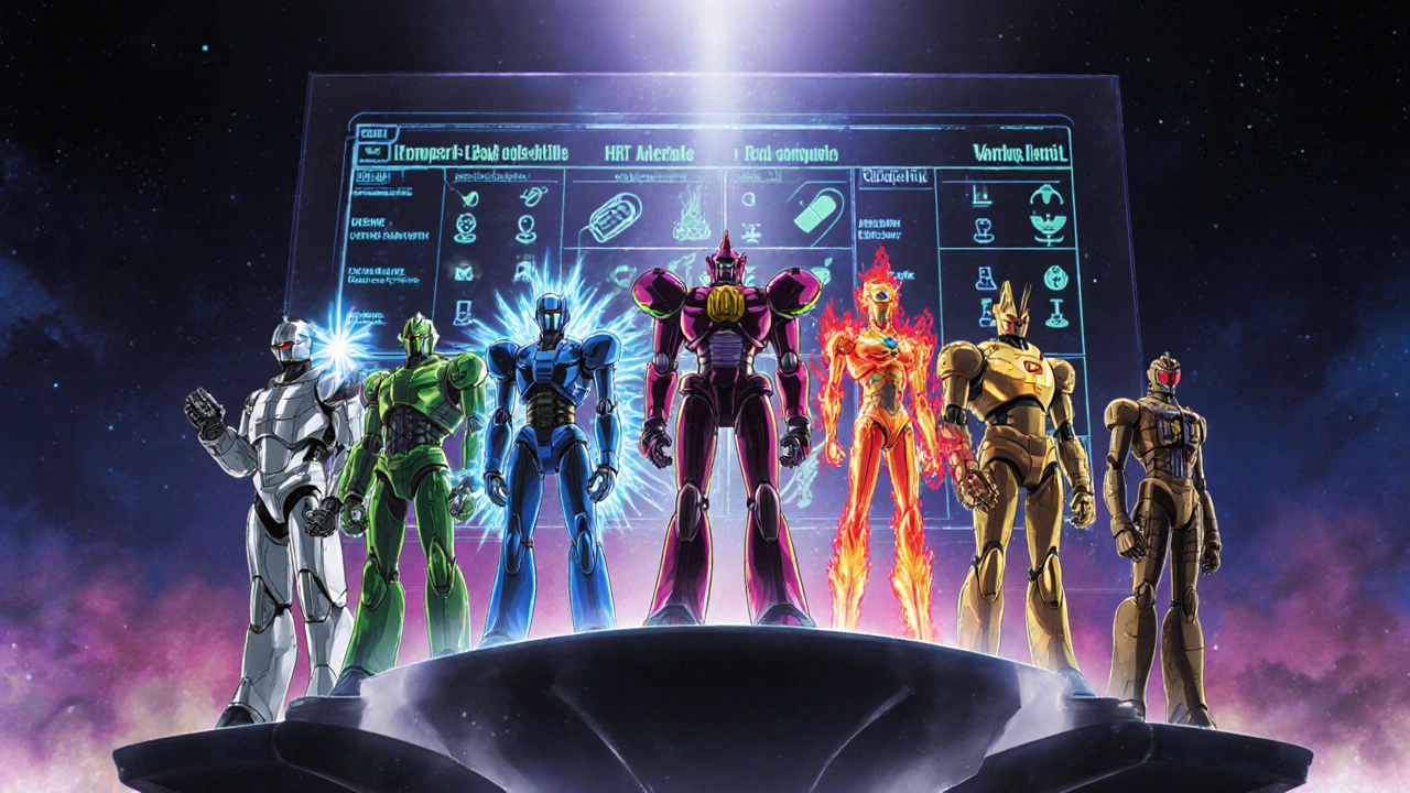 Lineup of seven super robots each symbolizing a different sexual health treatment.