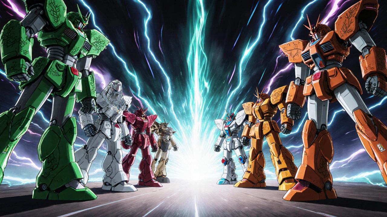 Lineup of seven themed super robots representing different supplements.