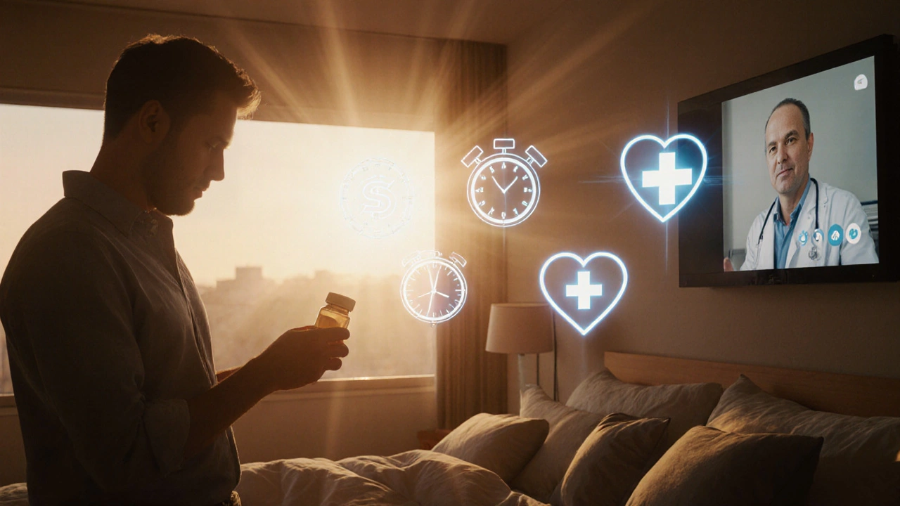 Man in bedroom surrounded by symbols for cost, time, health, and a telehealth doctor.