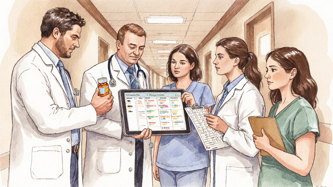 Multidisciplinary medical team reviewing a digital care plan together.