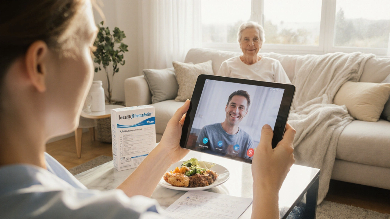 Patient at home using telehealth, surrounded by medication and nutrition reminders.