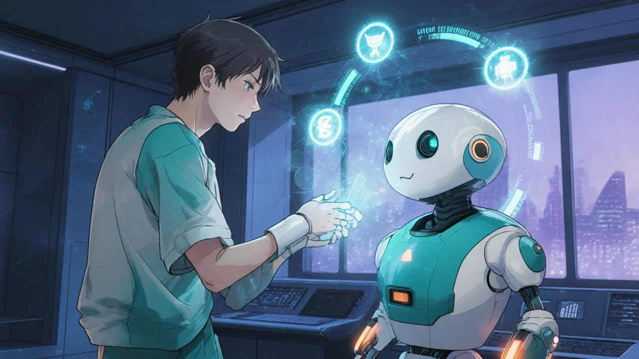 Person with a hologram‑projecting robot choosing supplement options.