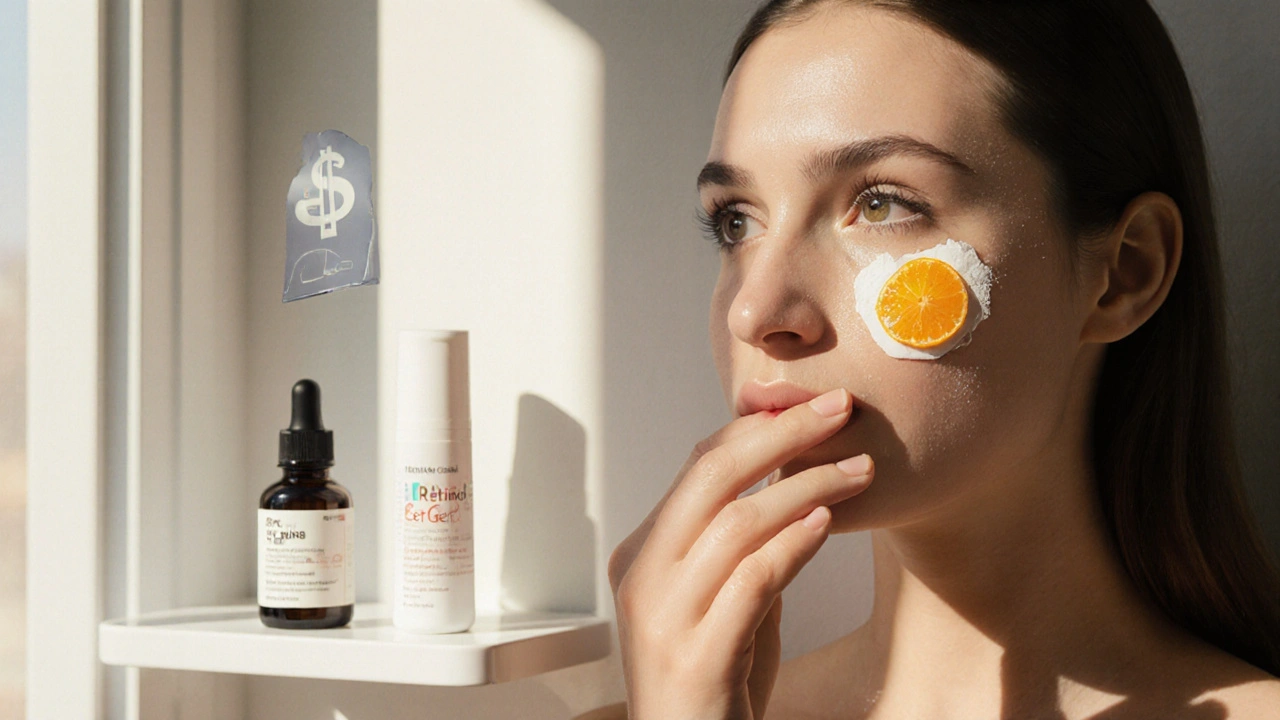 Person with clear skin applying sunscreen, surrounded by retinoid products.