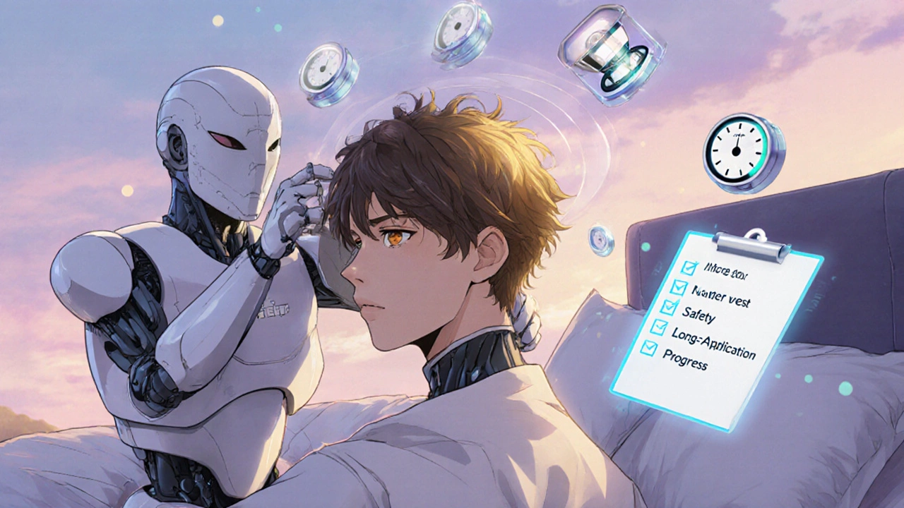 Robot applying cream to a person, showing thicker hair and floating benefit icons.