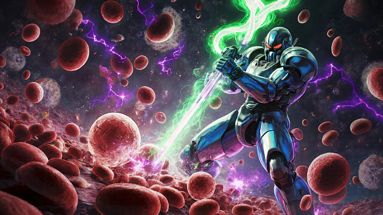 Robot battling oversized red blood cells in bone marrow, restoring them with green folic acid energy.