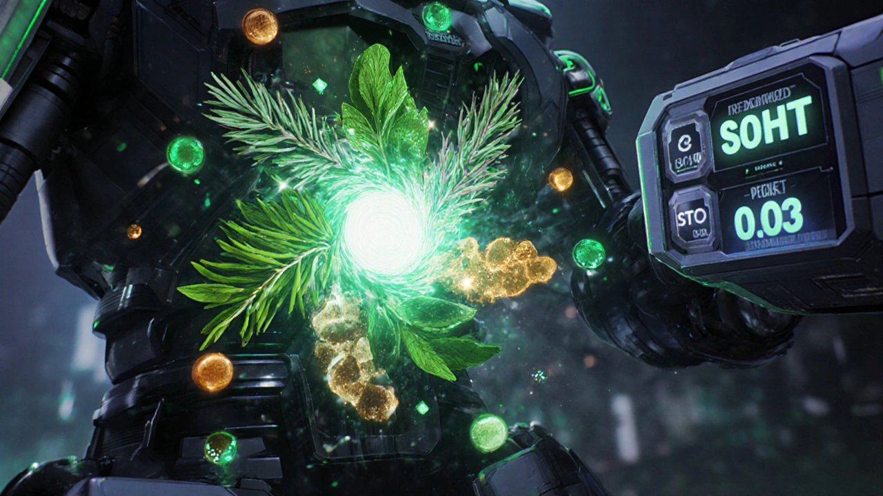 Robot core with glowing plant ingredients powering a DHT‑blocking cannon.