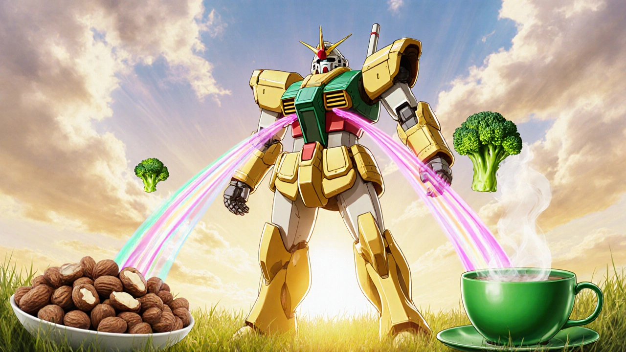Robot energized by colorful foods and tea under a sunrise.