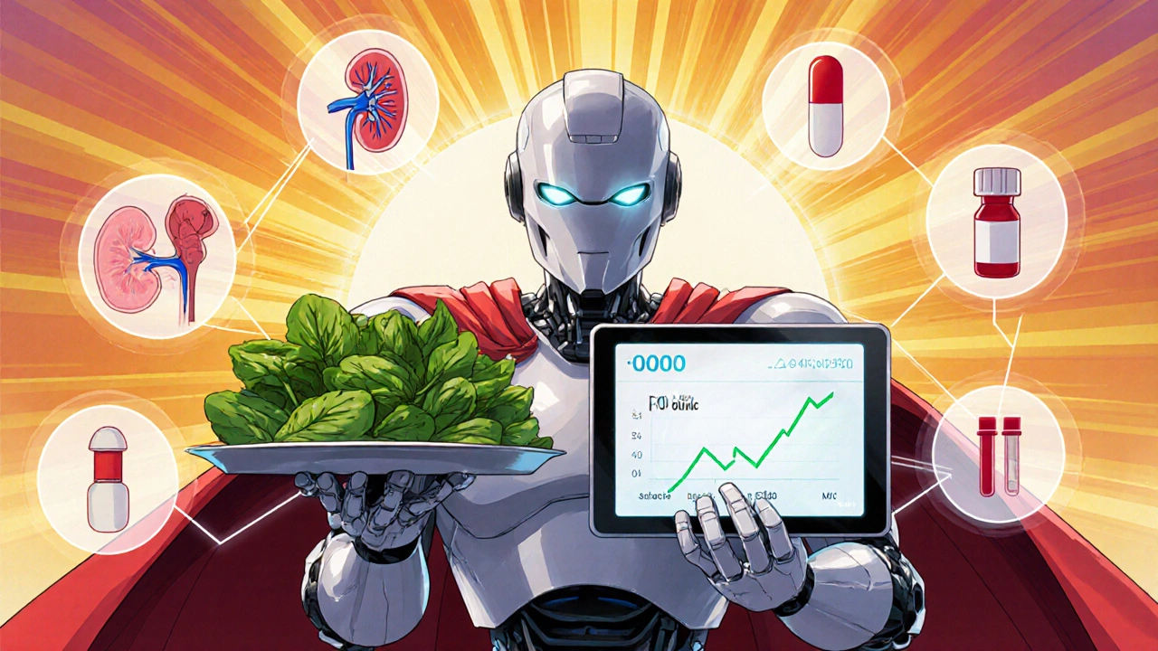 Robot presenting supplement tablets, leafy greens, and lab results for diabetes care.