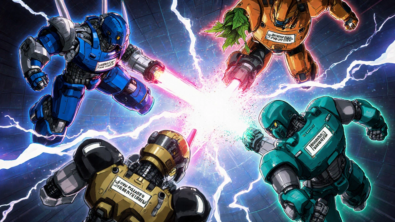 Robotic fighters clash in an arena, each robot symbolizing a different BPH or hair‑loss medication with visual stats.