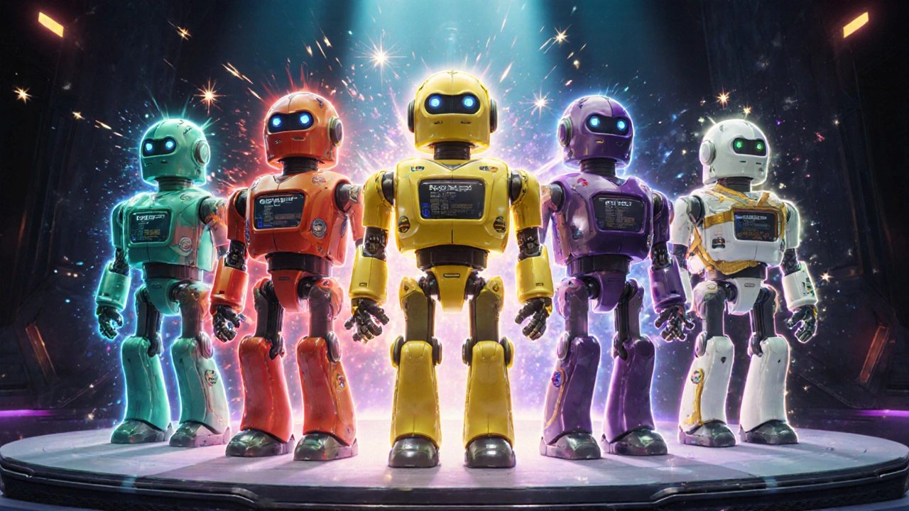 Six colorful super robots line up, each symbolizing a different medication like Desyrel, Sertraline, Fluoxetine, Citalopram, Quetiapine, and Melatonin.