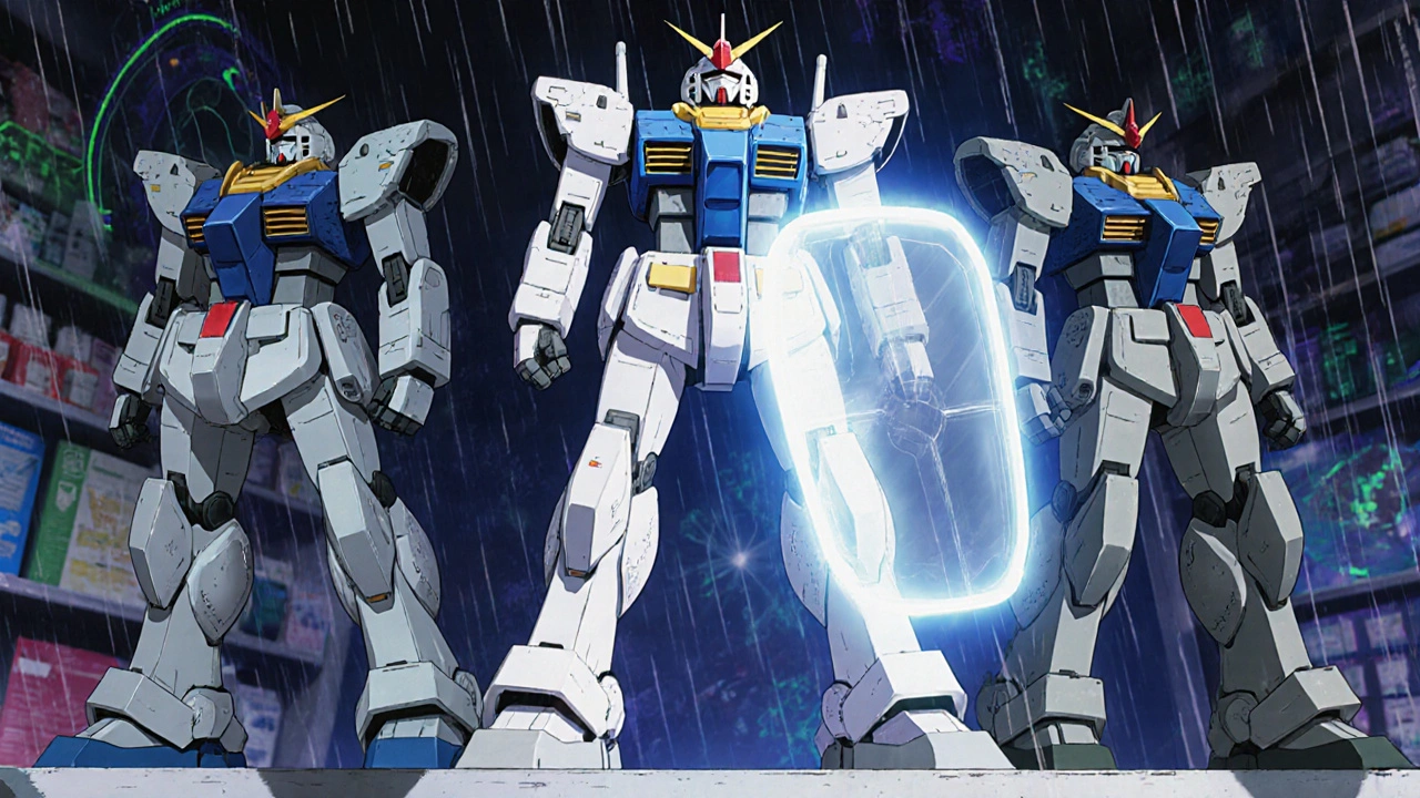 Three allergy-fighting robots—Claritin, Allegra, and Xyzal—stand in battle formation on a pharmacy shelf.