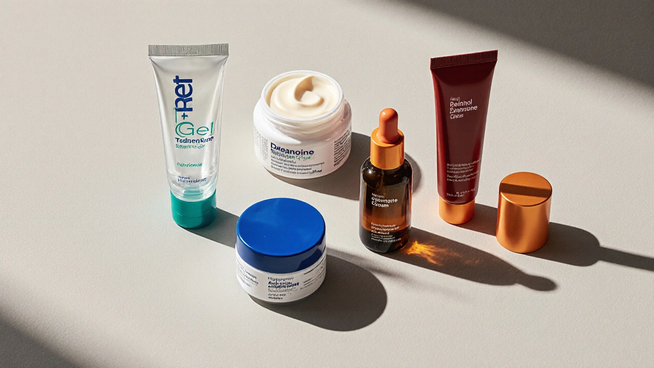 Top‑down view of various retinoid bottles and tubes on a neutral surface.