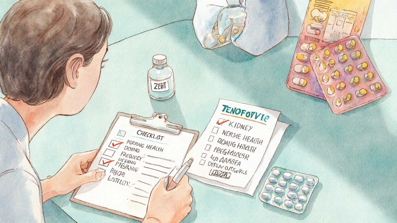 Watercolor of patient and doctor reviewing a checklist with Zerit and Tenofovir nearby.