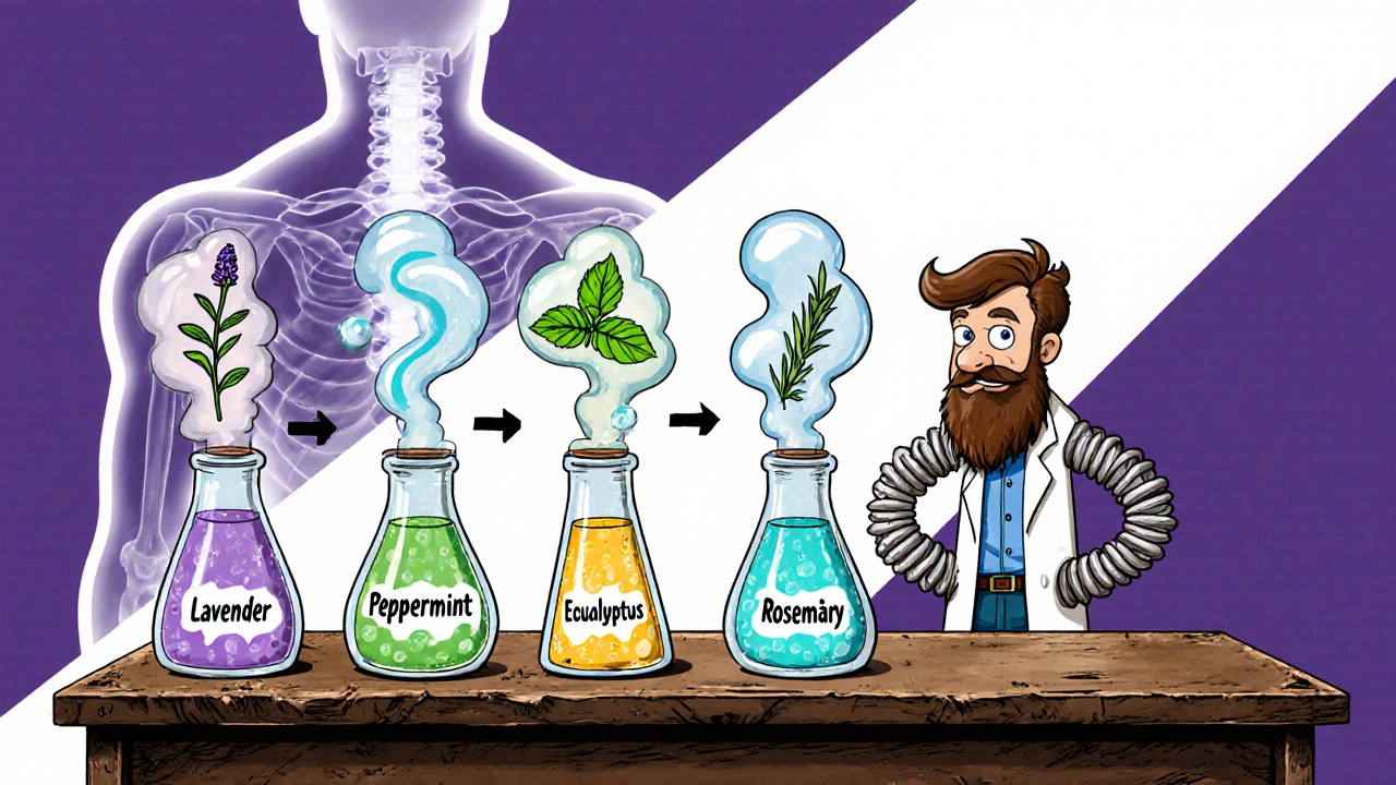Whimsical cartoon scientist mixing essential oils with a glowing back silhouette.