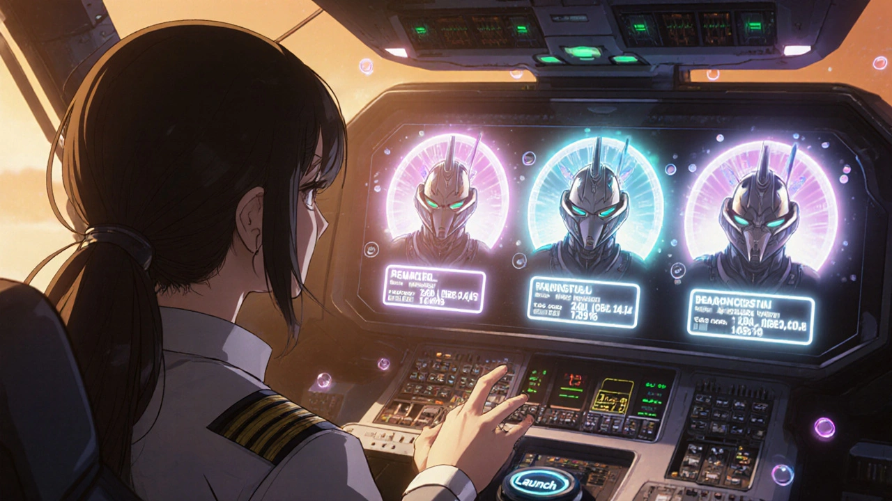 Woman pilot choosing between robot options on a cockpit console with data displays.