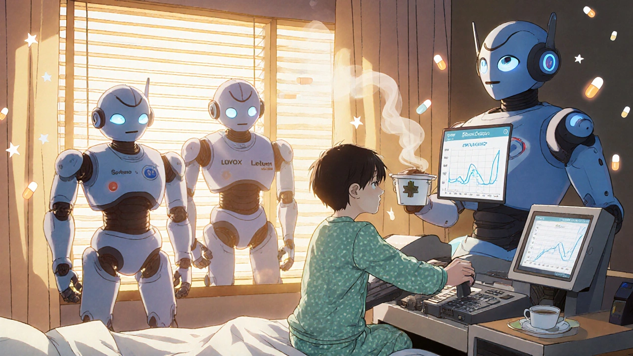 A child pilots a Luvox robot in a hospital mecha control room, family of robot doctors watching warmly.