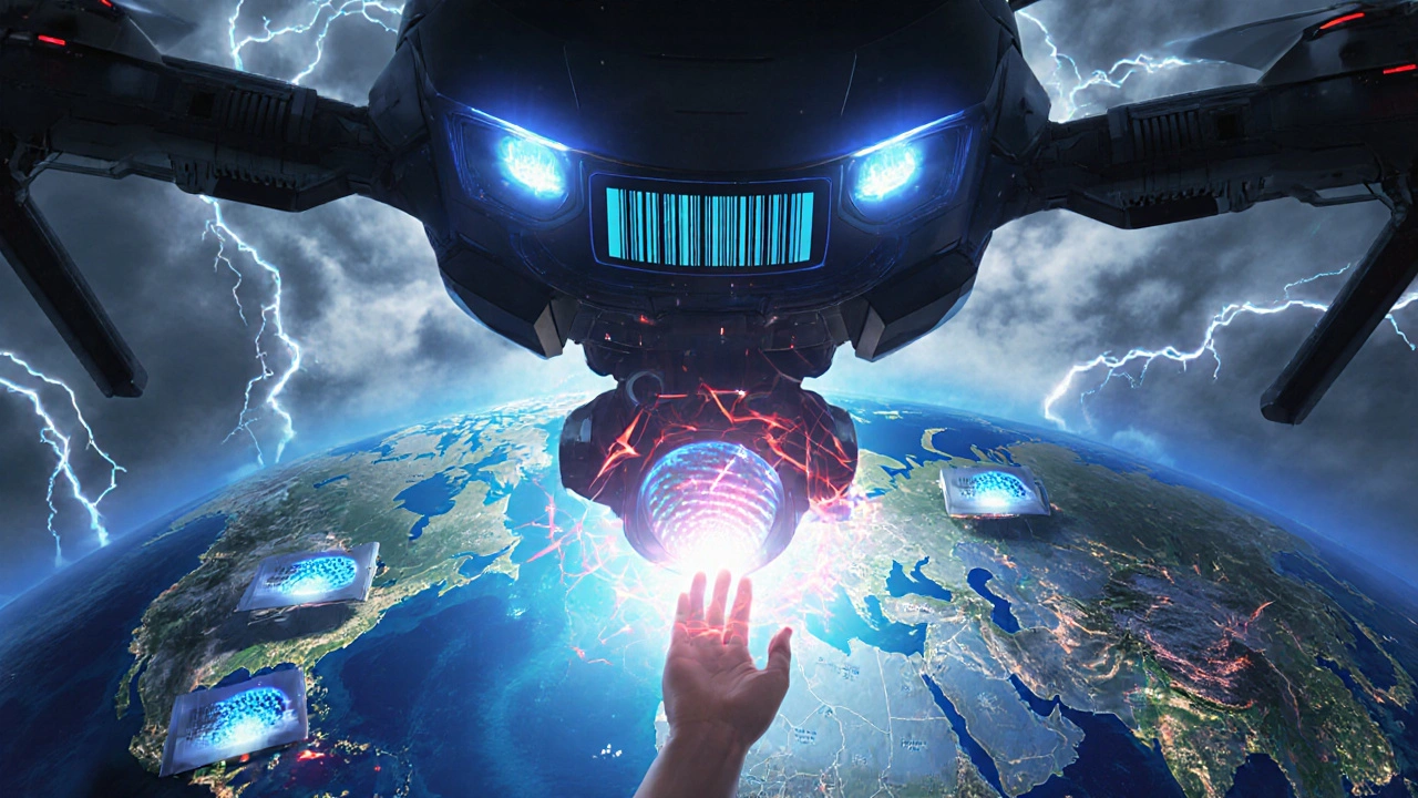 A drone scans drug packages across a global map, identifying fake pills with glowing digital fingerprints.