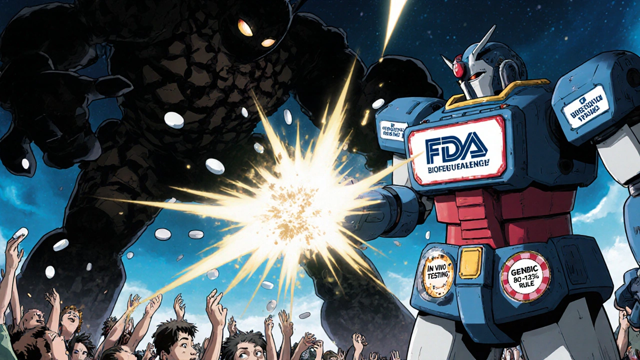 A heroic FDA robot battles a monster made of fake pills, using the 80-125% rule to destroy it.