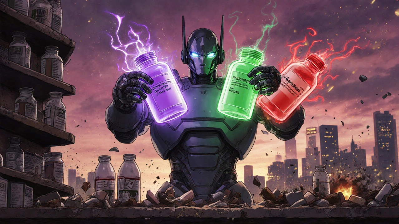 A heroic robot holds three glowing pain relief pills with energy auras representing their effects.