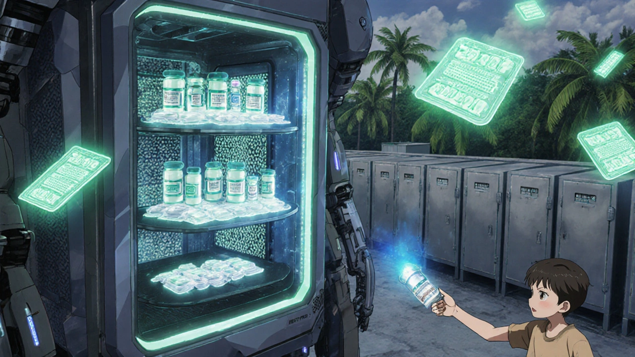 A high-tech dry cabinet robot safeguards insulin and blister packs with glowing moisture shields.