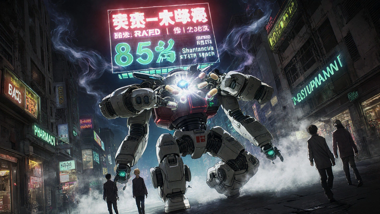 A massive pharmacy robot swaps brand-name drugs for generics on a city street with holographic cost-saving displays.