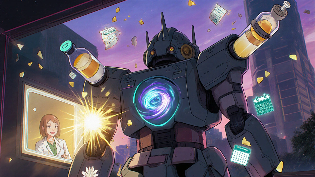 A medical mech transforms pill bottles into injectors as daily calendars crumble into petals.