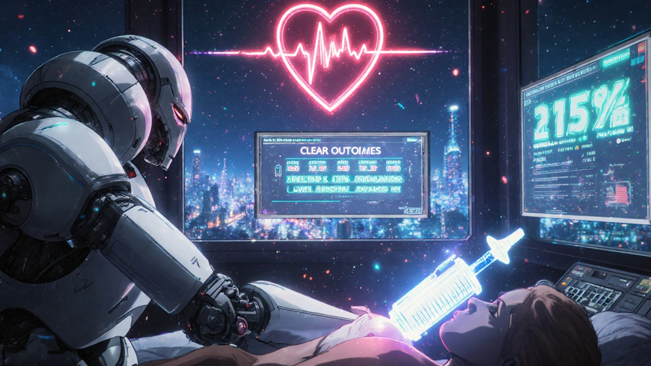 A medical robot administering treatment as data screens show rising uric acid and liver enzyme levels.